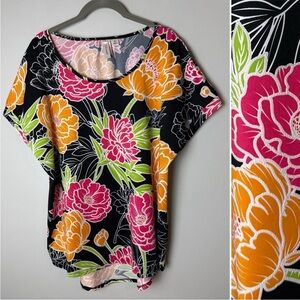 Tacera Top Size XL Short Sleeves Floral Stretch Vibrant Colorful Black Pink